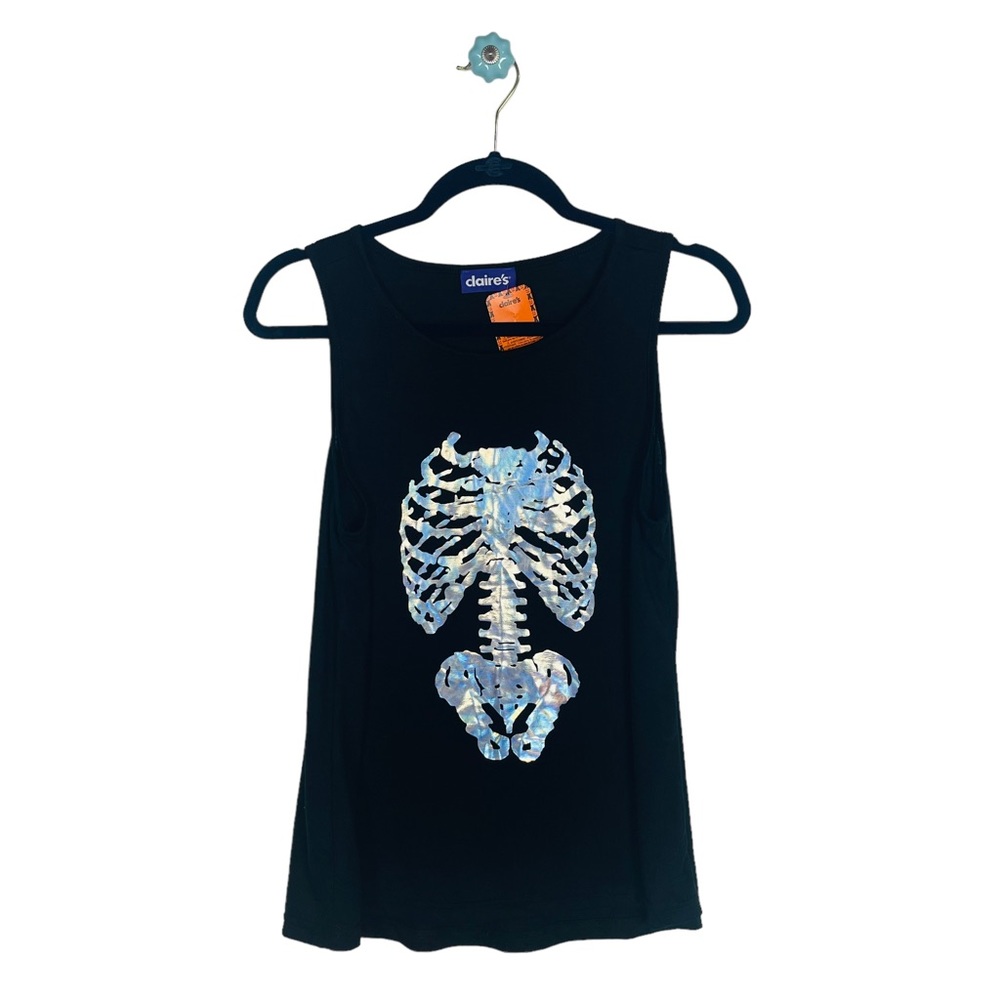 Claire's black tank top holographic silver skeleton graphic Halloween new